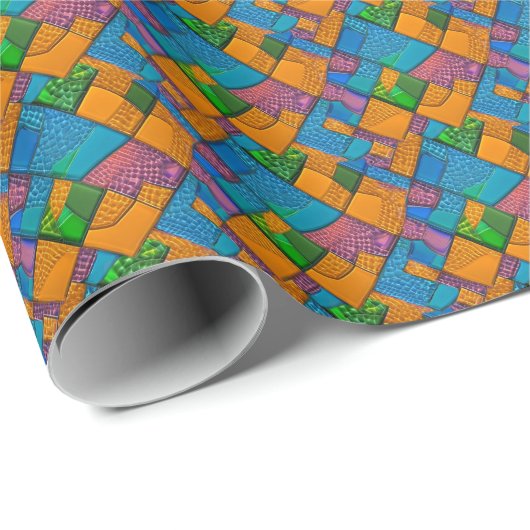 Glass Mosaic Quilt look: blauw, Oranje, roze, groe Cadeaupapier (Rol Hoek)