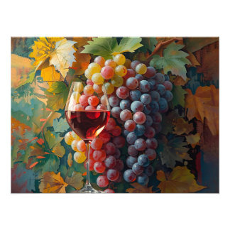 Glass of Red Wine with Grapes and Leaves Foto Afdruk