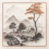 GLASS ONDERZETTER - A Village, Red Tree & Mountain (Voorkant)