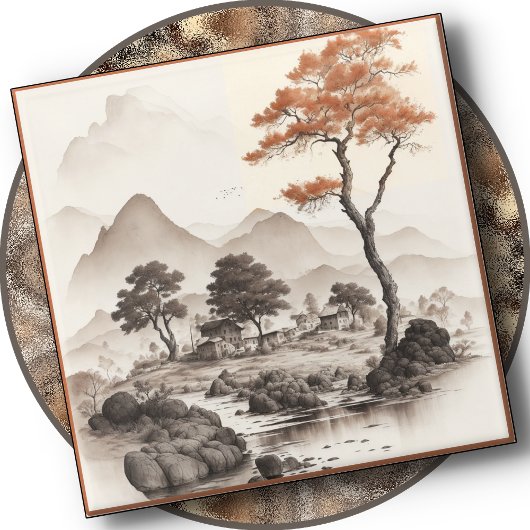 GLASS ONDERZETTER - A Village, Red Tree & Mountain