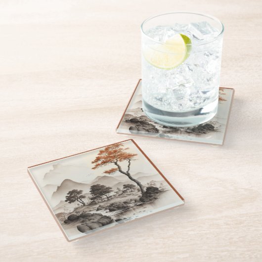 GLASS ONDERZETTER - A Village, Red Tree & Mountain Glazen Onderzetter (Schuin)