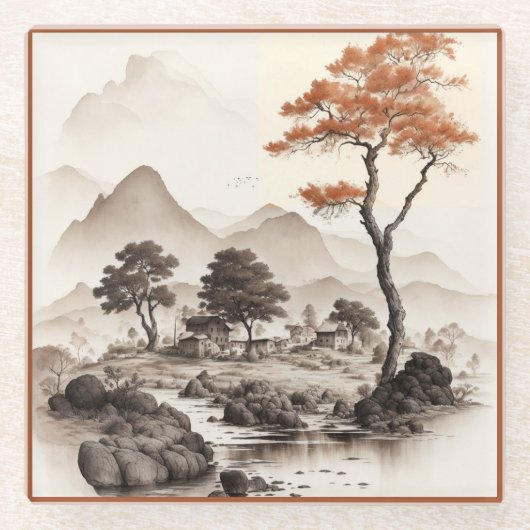 GLASS ONDERZETTER - A Village, Red Tree & Mountain Glazen Onderzetter (Voorkant)