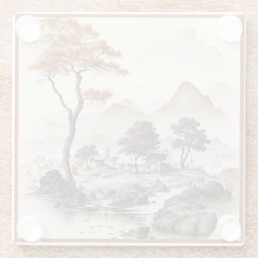 GLASS ONDERZETTER - A Village, Red Tree & Mountain Glazen Onderzetter (Achterkant)