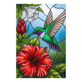 Glass Patchwork Hummingbird Garden Floral Mosaic Foto Afdruk