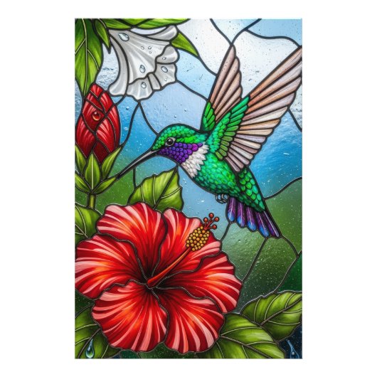 Glass Patchwork Hummingbird Garden Floral Mosaic Foto Afdruk (Voorkant)