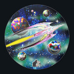 Glass Rocket Magneet<br><div class="desc">The Glass Rocket is zooming through the void on a burning torch of flame. A classic Science Fiction theme to inspire a sense of wonder and adventure. This magnet shows the galaxy who’s the most daring explorer of outer space… you! Its magnetic energy may rocket you away into the cosmos...</div>