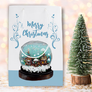 Glass Snowball Winter Village Blue Merry Kerstry Medium Cadeauzakje