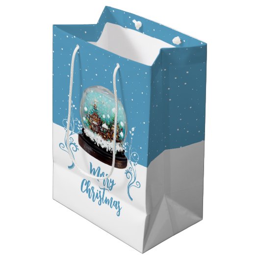 Glass Snowball Winter Village Blue Merry Kerstry Medium Cadeauzakje (Voorkant Gekanteld)