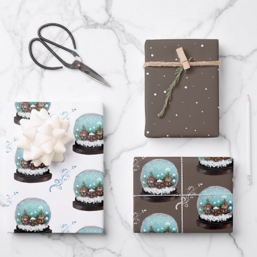 Glass Snowball Winter Village Brown Kerstmis Inpakpapier Vel (Voorkant)