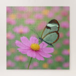 Glass Wing Butterfly On a Cosmos Flower Legpuzzel<br><div class="desc">A delicate glasswing butterfly with transparent wings gently settles on a vibrant pink cosmos flower, creating a dreamlike scene enhanced by a soft focus background</div>