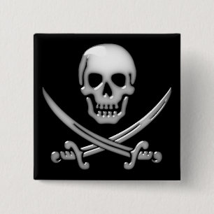 Glassy Pirate Skull & Sword Crossbones Vierkante Button 5,1 Cm