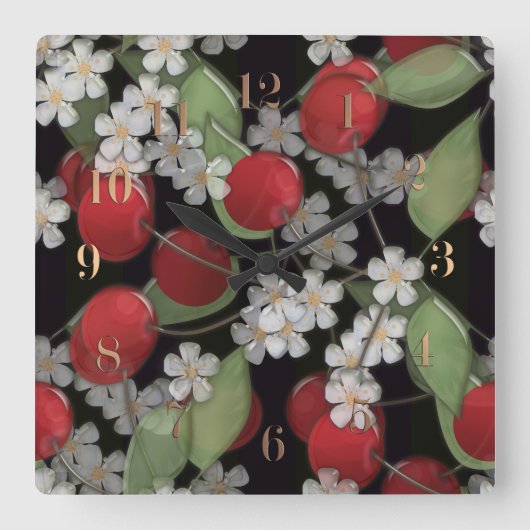 Glastegels 3D vloeibare kersen en bloemen Vierkante Klok (Voorkant)