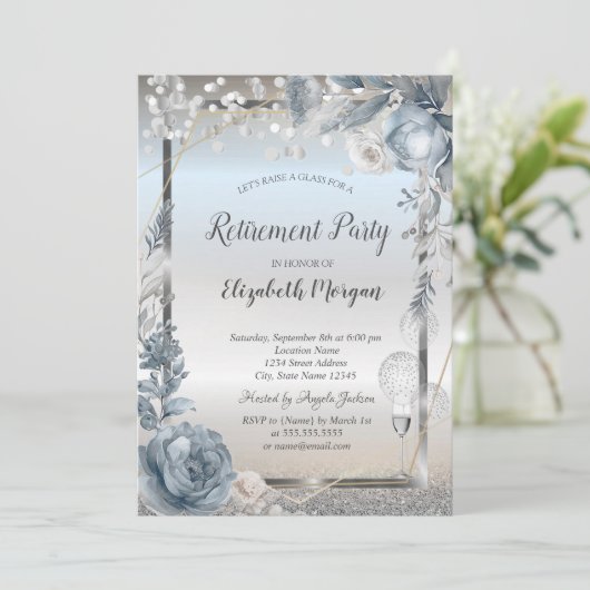 Glazen Ballonnen Glitter Blauwe Bloemen Pensioen Kaart (Staand voorkant)