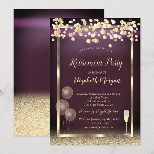 Glazen ballonnen Glitter Gold Burgundy Retirement Kaart (Voorkant / Achterkant)