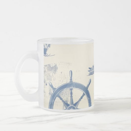 Glazen beker met mariene elementen matglas koffiemok (Links)