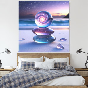 Glazen bol en kiezelstenen op een serene strand canvas afdruk
