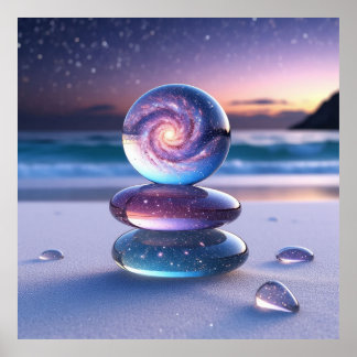 Glazen bol en kiezelstenen op een serene strand poster