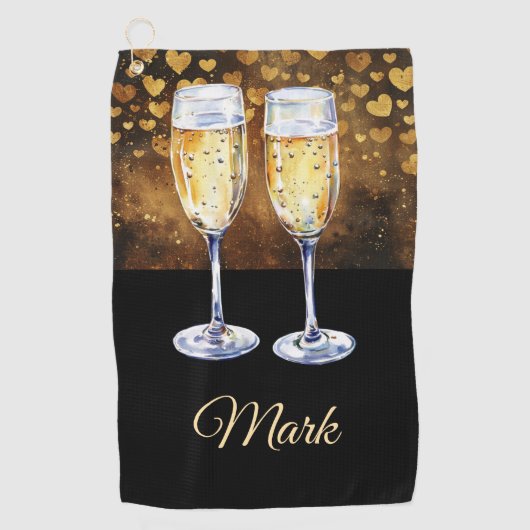 Glazen champagne voor golfer met hart golfhanddoek (Voorkant)