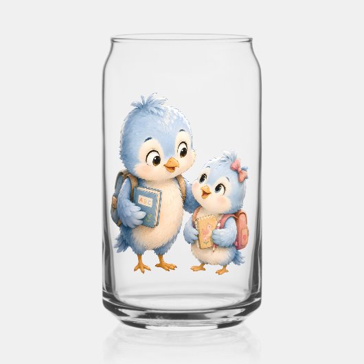 Glazen Drinkset met Blauwe Vogel Broers en Zusters (Voorkant)