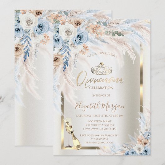 Glazen flesje Blauwe Rozen Pampas Grass Quinceaner Kaart (Voorkant / Achterkant)