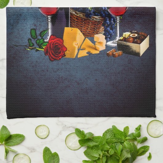 Glazen, flesjes, druiven, kaas, chocolade N Theedoek (Gevouwen)