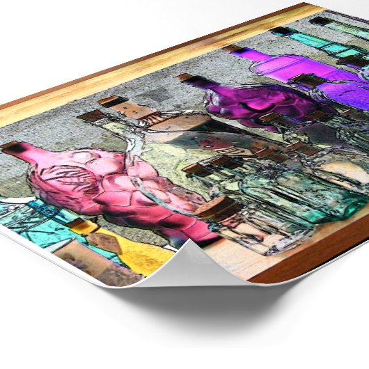 Glazen flessen in venster poster (Hoek)