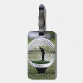 Glazen golfbal met golfspeler binnen, bagagelabel (Achterkant verticaal)