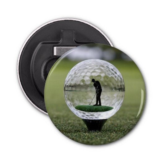 Glazen golfbal met golfspeler binnen, button flesopener (Voorkant)