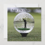 Glazen golfbal met golfspeler binnen, save the date (Voorkant)