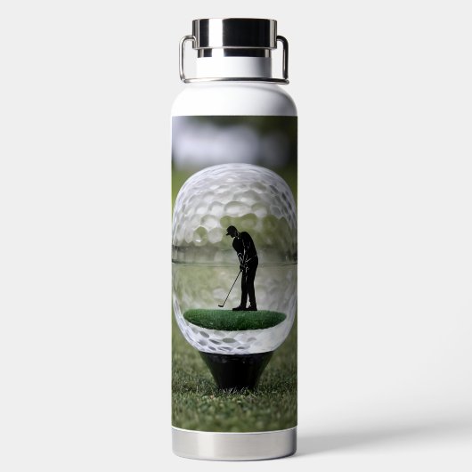 Glazen golfbal met golfspeler binnen, waterfles (Achterkant)