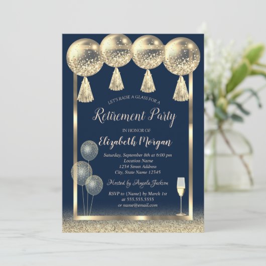 Glazen gouden ballonnen Glitter Blue Retirement Kaart (Staand voorkant)