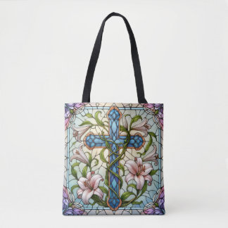 Glazen in lood bloemenkruis tote bag