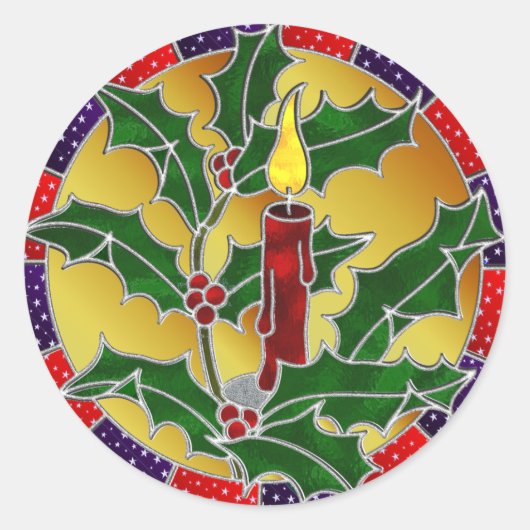 Glazen in lood kaars en hulst ronde sticker (Voorkant)