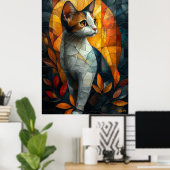 Glazen in lood kat met herfstgloed poster (Thuiskantoor)