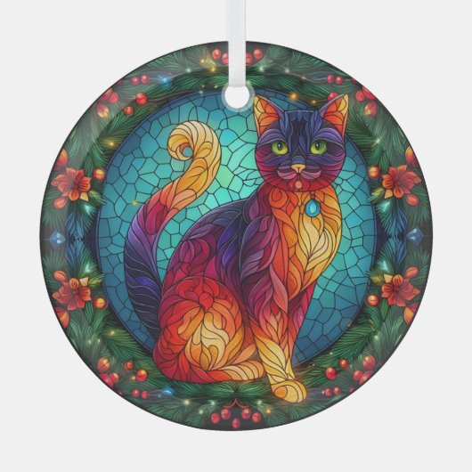 Glazen in lood kat met kerst Holly Glas Ornament (Voorkant)