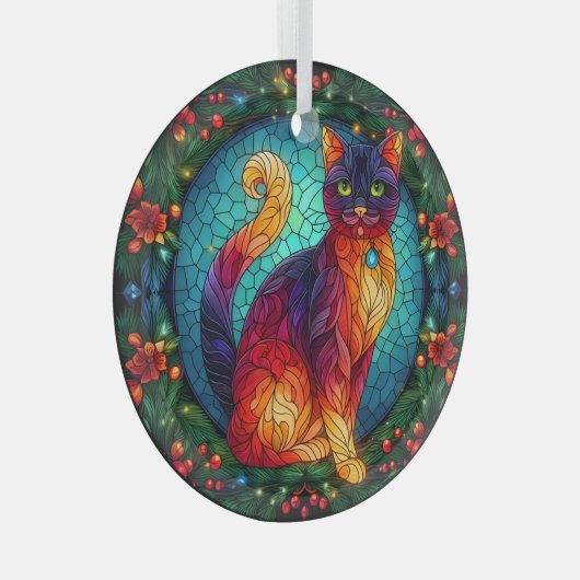 Glazen in lood kat met kerst Holly Glas Ornament (Voorkant Rechts)