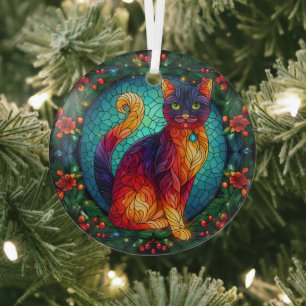 Glazen in lood kat met kerst Holly Glas Ornament