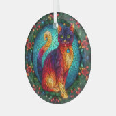 Glazen in lood kat met kerst Holly Glas Ornament (Voorkant links)