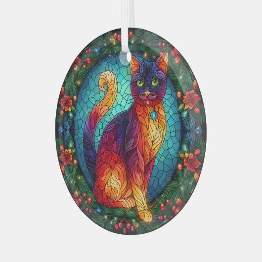 Glazen in lood kat met kerst Holly Glas Ornament (Voorkant links)