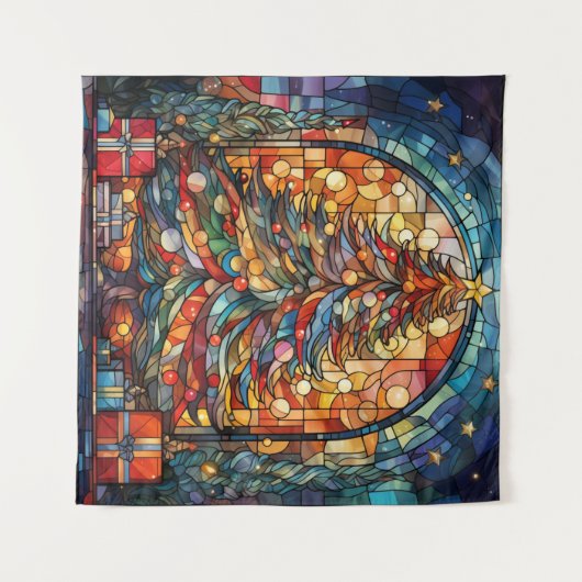 Glazen in lood kerstboom wandtapijt wandkleed (Voorkant (horizontaal))