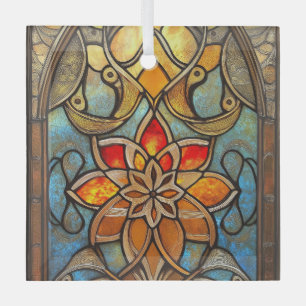 Glazen in lood raam in blauw, sinaasappel en goud glas ornament
