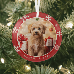 Glazen Kerstbal met Hondengek en Sneeuwvlokken Glas Ornament