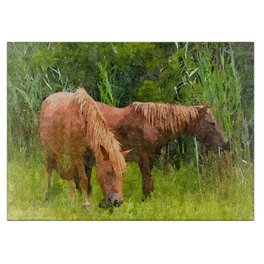 Glazen keuken snijplank - Assateague pony's (Voorkant)