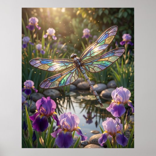 Glazen Libelle Iris Bloem Poster (Voorkant)
