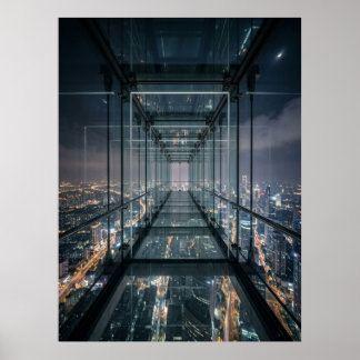 Glazen loopbrug boven neonstad poster