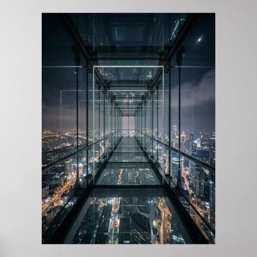 Glazen loopbrug boven neonstad poster (Voorkant)