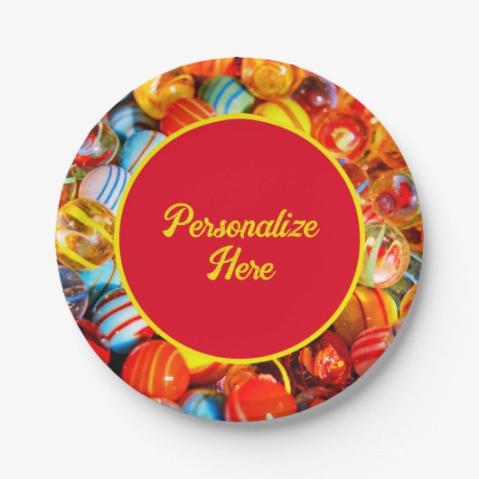 Glazen marbles kleurig papieren bordje (Voorkant)