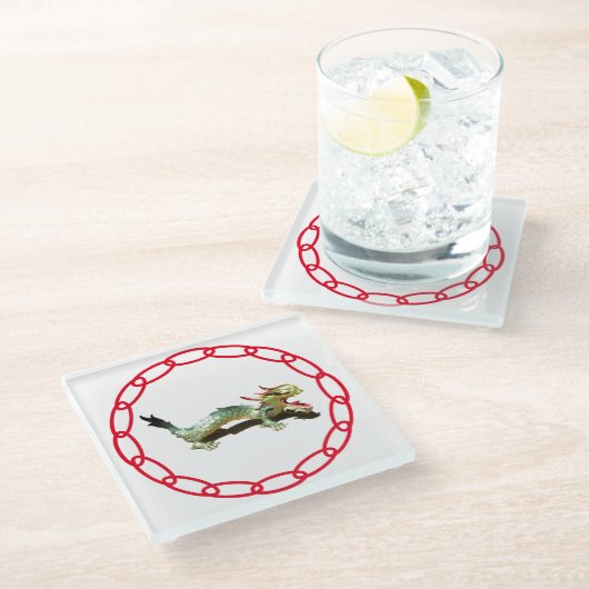 Glazen Onderzetter - Dragon en Shadow met rode ket (Schuin)