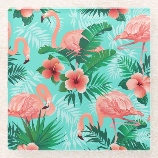 Glazen Onderzetter Flamingo Tropische handpalmen (Voorkant)