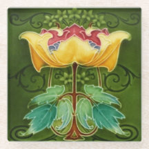 Glazen Onderzetter - Gele Art Nouveau Bloemen